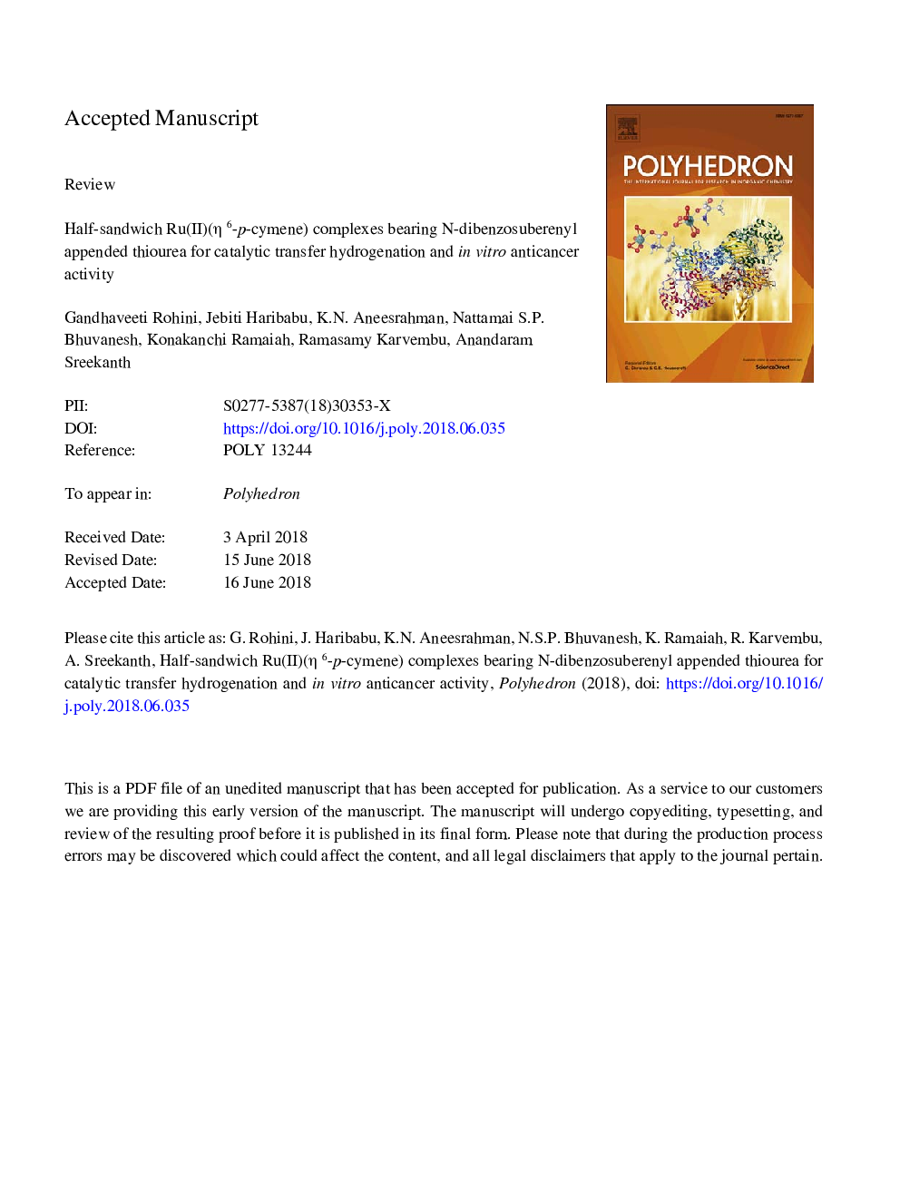 Half-sandwich Ru(II)(Î·6-p-cymene) complexes bearing N-dibenzosuberenyl appended thiourea for catalytic transfer hydrogenation and in vitro anticancer activity