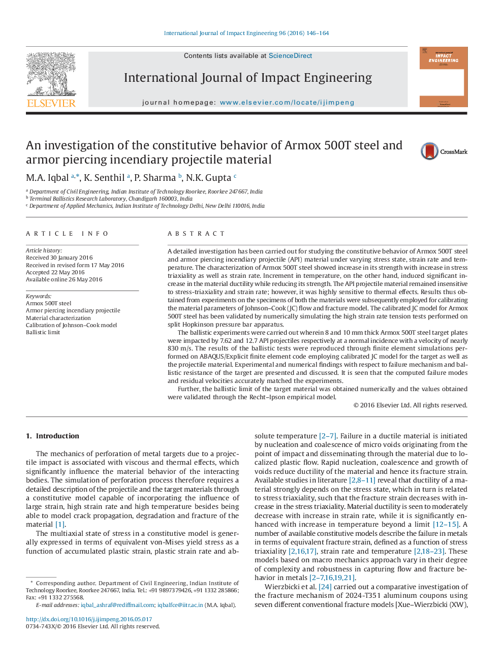 An investigation of the constitutive behavior of Armox 500T steel and armor piercing incendiary projectile material