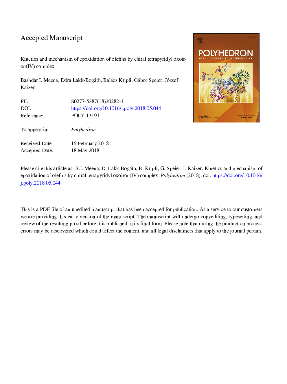 Kinetics and mechanism of epoxidation of olefins by chiral tetrapyridyl oxoiron(IV) complex