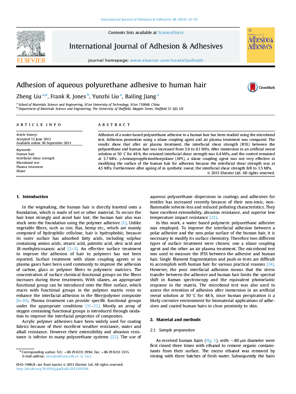 Adhesion of aqueous polyurethane adhesive to human hair