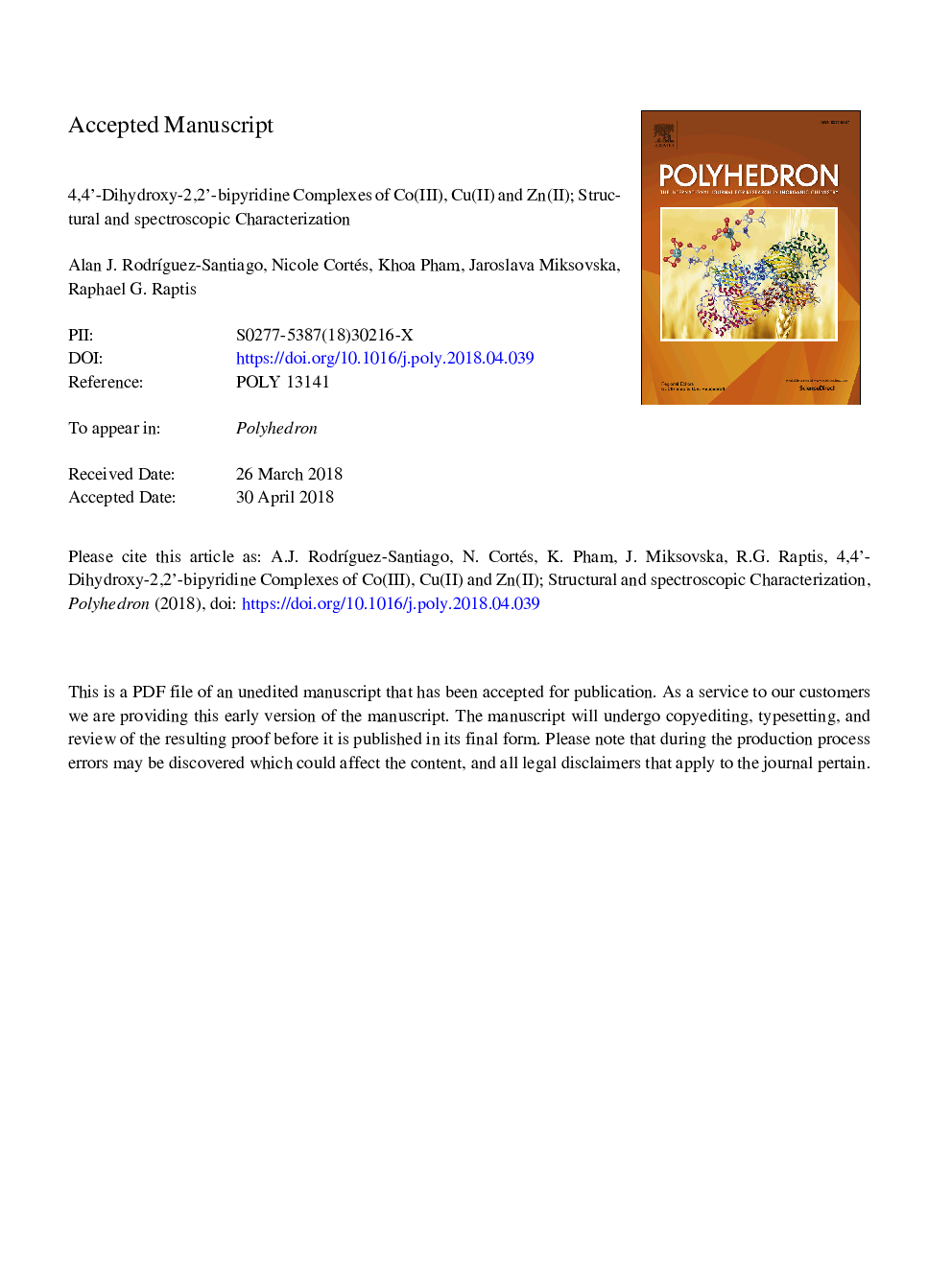 عکس صفحه اول مقاله: 4,4â²-Dihydroxy-2,2â²-bipyridine complexes of Co(III), Cu(II) and Zn(II); structural and spectroscopic characterization 4,4â²-Dihydroxy-2,2â²-bipyridine complexes of Co(III), Cu(II) and Zn(II); structural and spectroscopic characterization