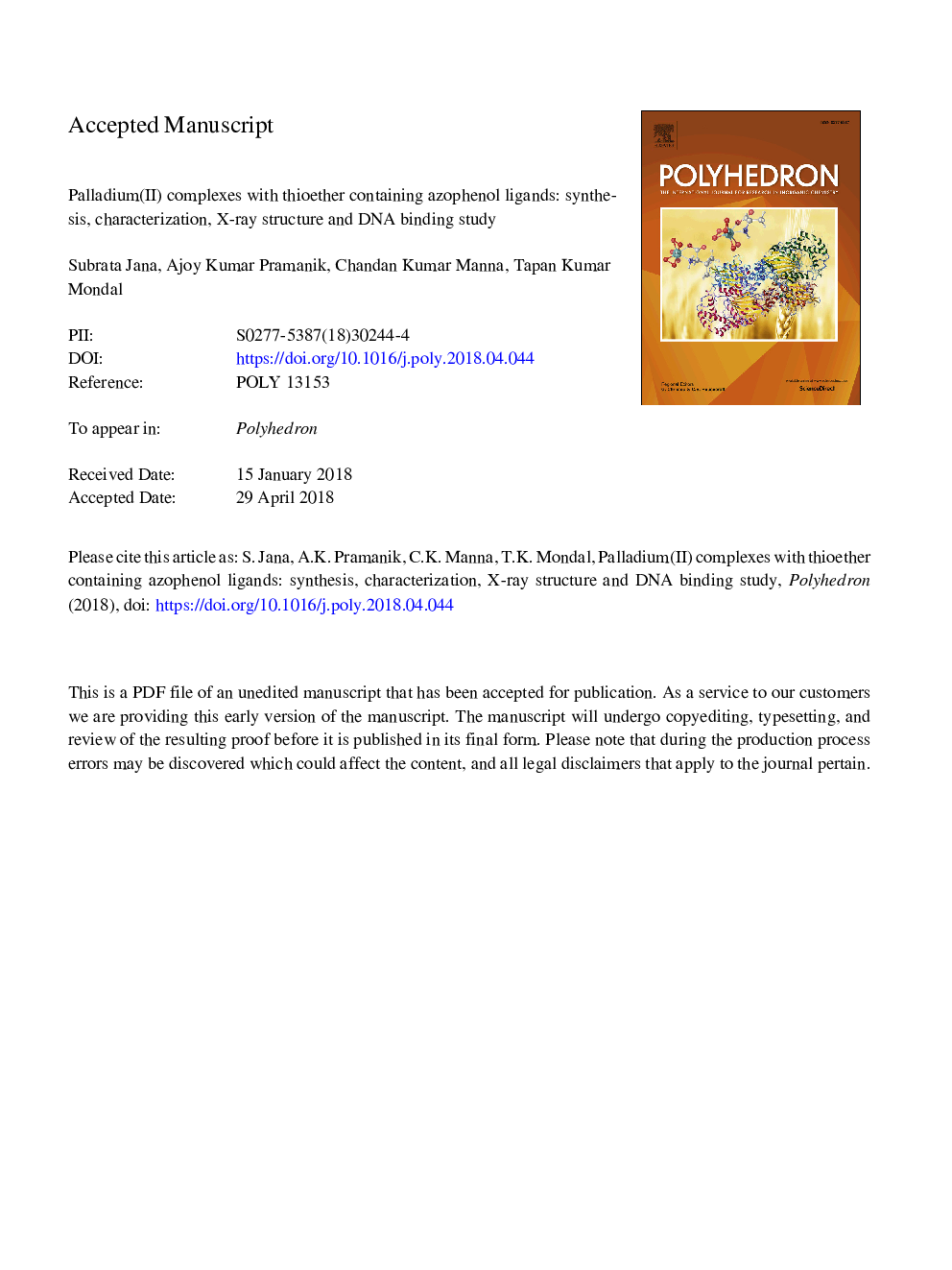 Palladium(II) complexes with thioether containing azophenol ligands: Synthesis, characterization, X-ray structure and DNA binding study