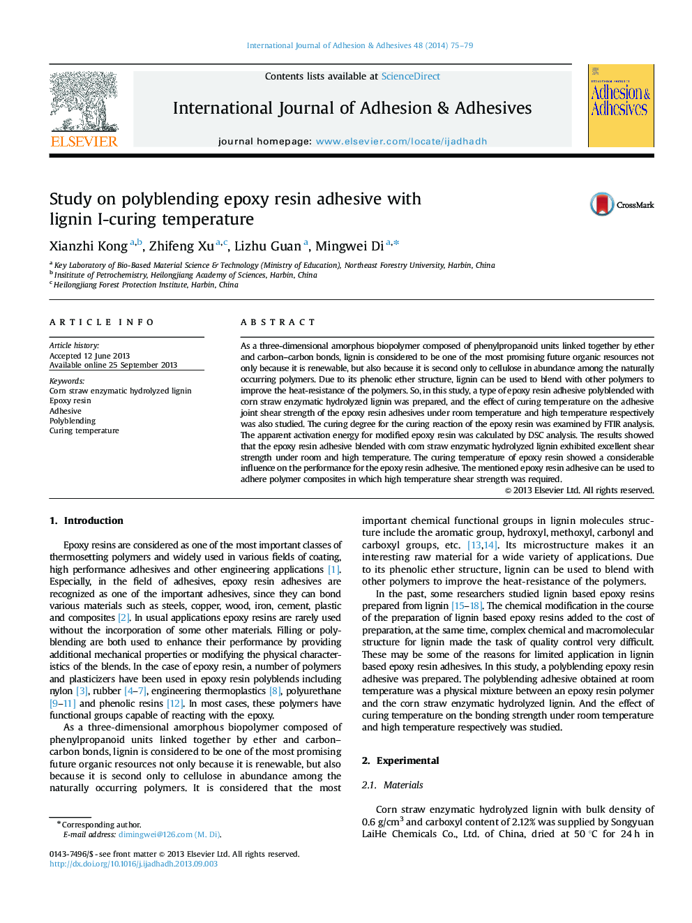 Study on polyblending epoxy resin adhesive with lignin I-curing temperature