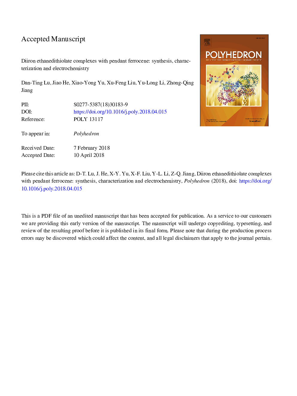 Diiron ethanedithiolate complexes with pendant ferrocene: Synthesis, characterization and electrochemistry