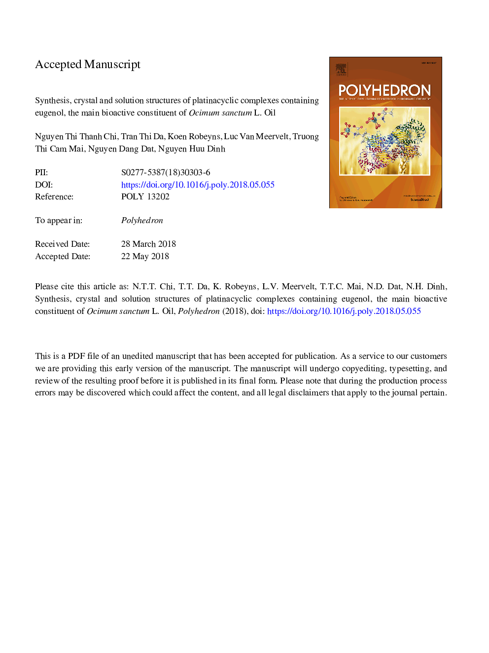 Synthesis, crystal and solution structures of platinacyclic complexes containing eugenol, the main bioactive constituent of Ocimum sanctum L. oil