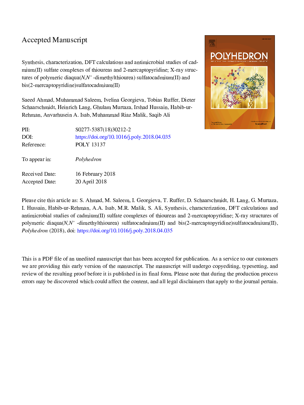 Synthesis, characterization, DFT calculations and antimicrobial studies of cadmium(II) sulfate complexes of thioureas and 2-mercaptopyridine; X-ray structures of polymeric diaqua(N,Nâ²-dimethylthiourea) sulfatocadmium(II) and bis(2-mercaptopyridine)sulfa