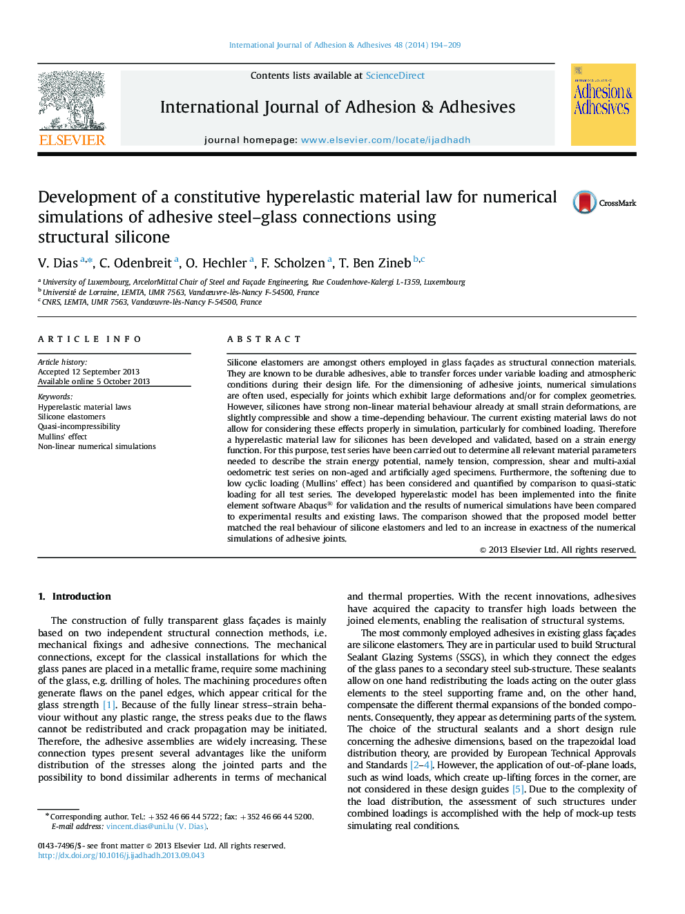 Development of a constitutive hyperelastic material law for numerical simulations of adhesive steel–glass connections using structural silicone