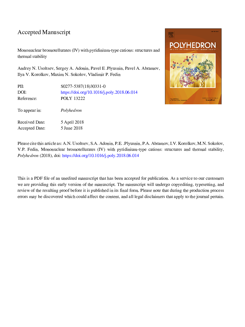 Mononuclear bromotellurates (IV) with pyridinium-type cations: Structures and thermal stability