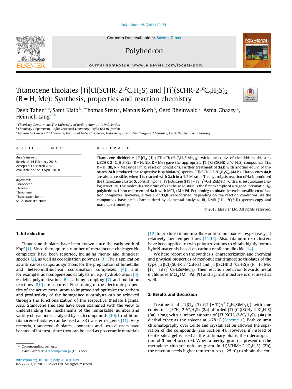 Titanocene thiolates [Ti]Cl(SCHR-2-cC4H3S) and [Ti](SCHR-2-cC4H3S)2 (Râ¯=â¯H, Me): Synthesis, properties and reaction chemistry