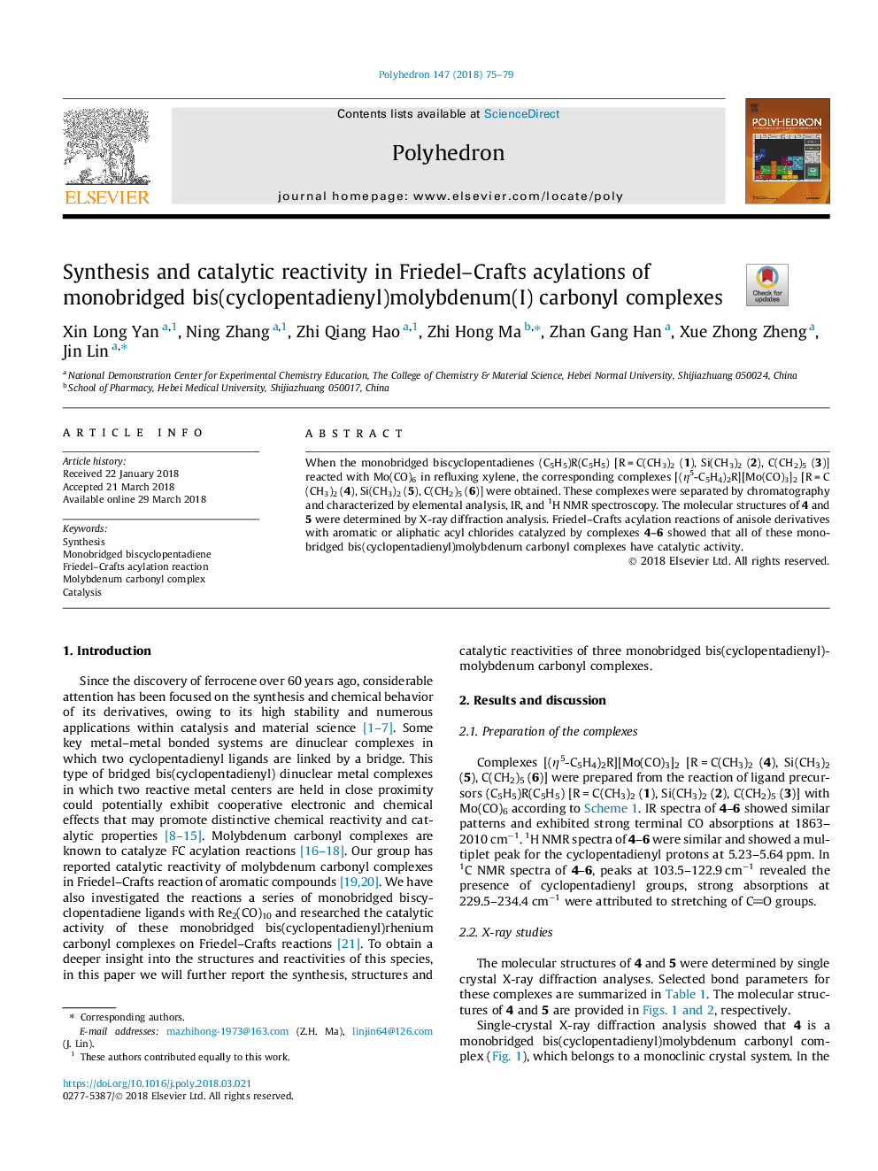 عکس صفحه اول مقاله: Synthesis and catalytic reactivity in Friedel-Crafts acylations of monobridged bis(cyclopentadienyl)molybdenum(I) carbonyl complexes Synthesis and catalytic reactivity in Friedel-Crafts acylations of monobridged bis(cyclopentadienyl)molybdenum(I) carbonyl complexes