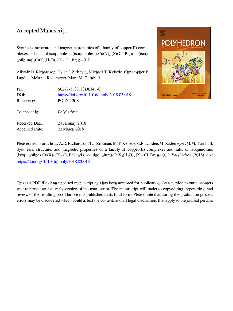 Synthesis, structure, and magnetic properties of a family of copper(II) complexes and salts of isoquinoline: (Isoquinoline)nCu(X)2 [Xâ¯=â¯Cl, Br] and (isoquinolinium)2CuX4(H2O)n [Xâ¯=â¯Cl, Br; nâ¯=â¯0,1]