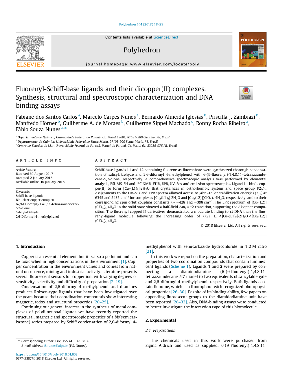 Fluorenyl-Schiff-base ligands and their dicopper(II) complexes. Synthesis, structural and spectroscopic characterization and DNA binding assays