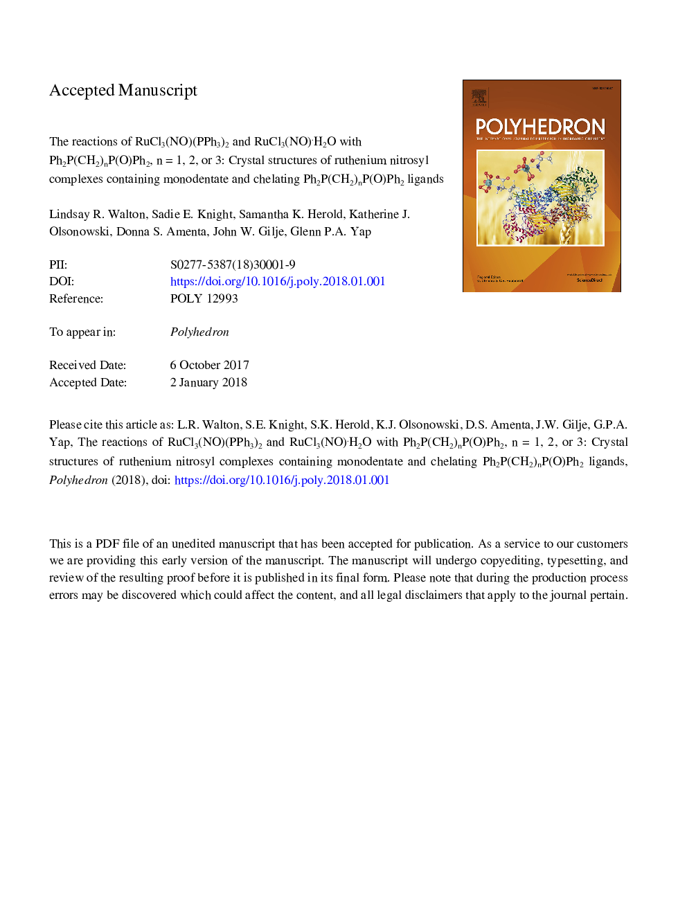 The reactions of RuCl3(NO)(PPh3)2 and RuCl3(NO)Â·H2O with Ph2P(CH2)nP(O)Ph2, nâ¯=â¯1, 2, or 3: Crystal structures of ruthenium nitrosyl complexes containing monodentate and chelating Ph2P(CH2)nP(O)Ph2 ligands