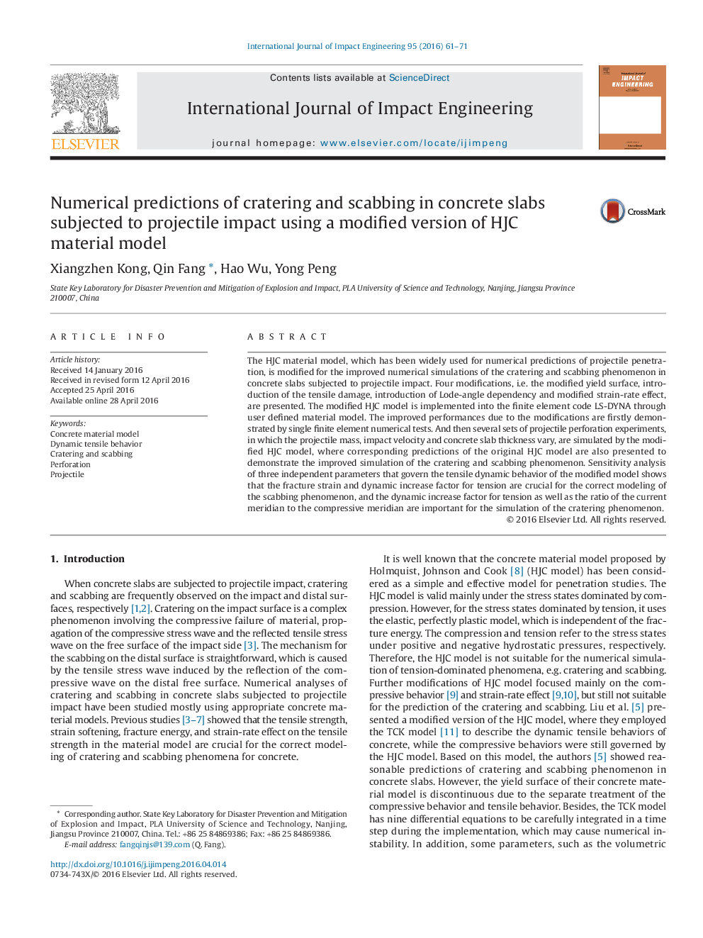 Numerical predictions of cratering and scabbing in concrete slabs subjected to projectile impact using a modified version of HJC material model