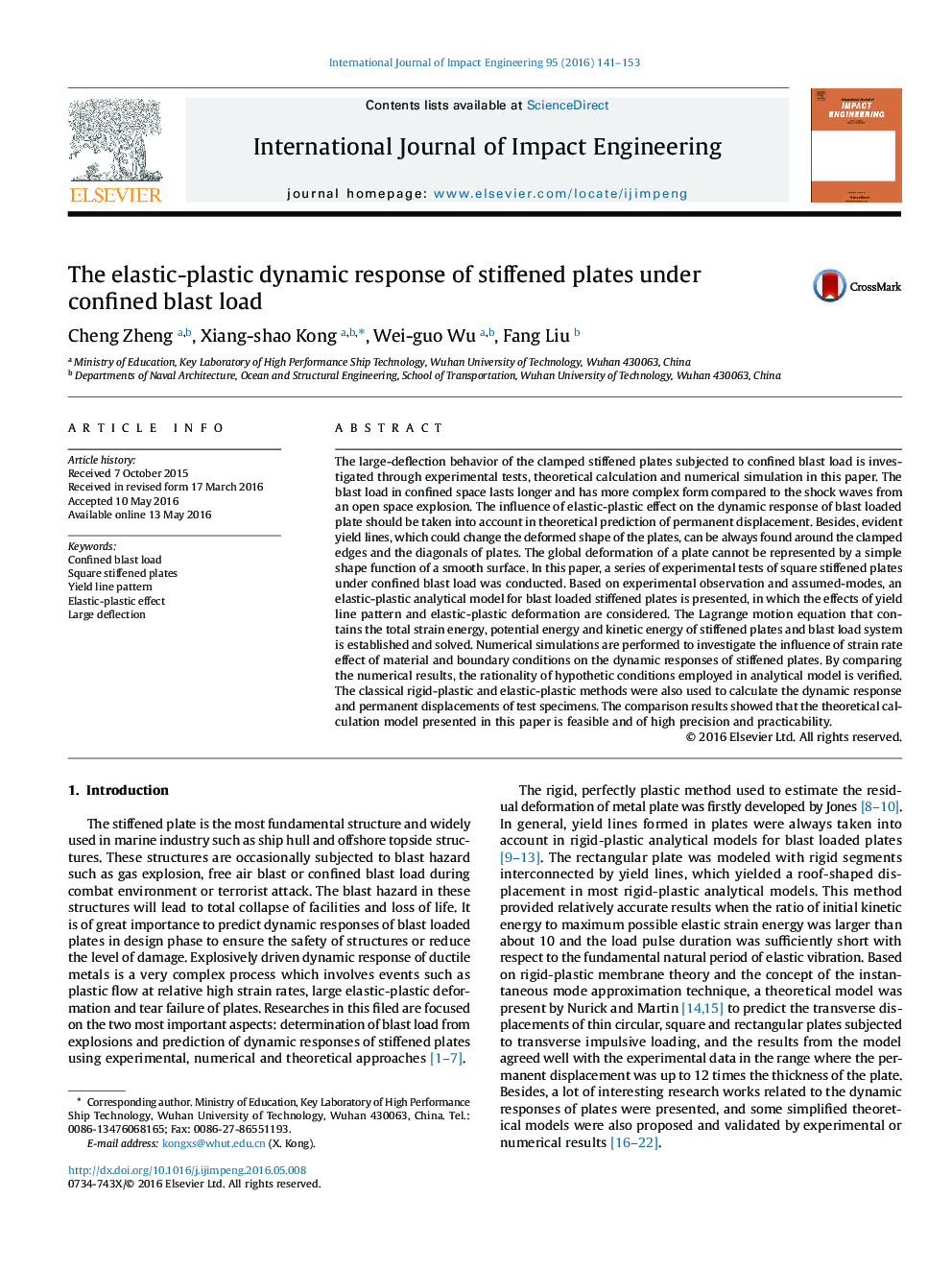 The elastic-plastic dynamic response of stiffened plates under confined blast load