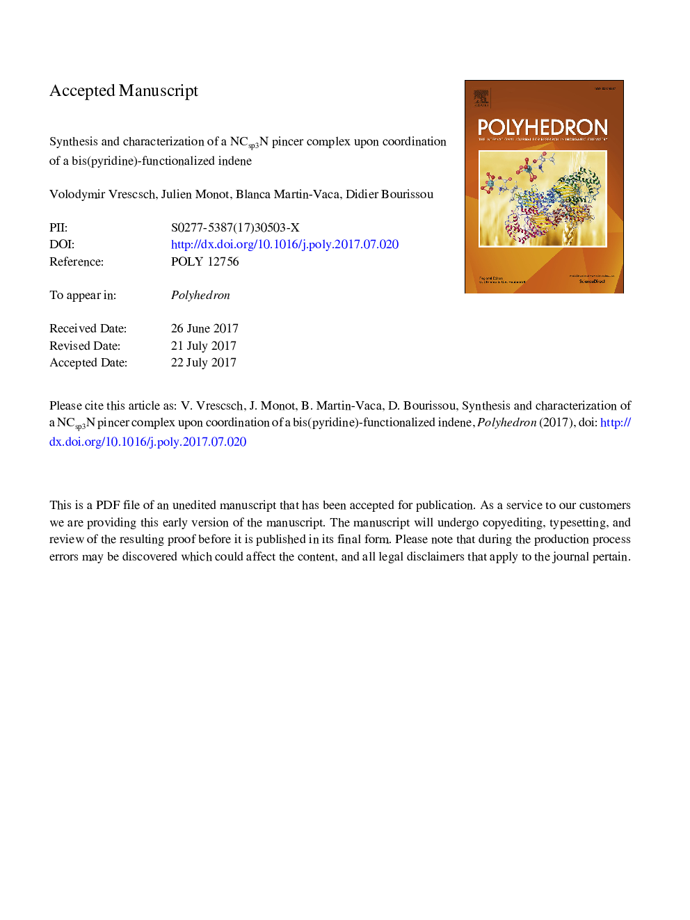 Synthesis and characterization of a NCsp3N pincer complex upon coordination of a bis(pyridine)-functionalized indene