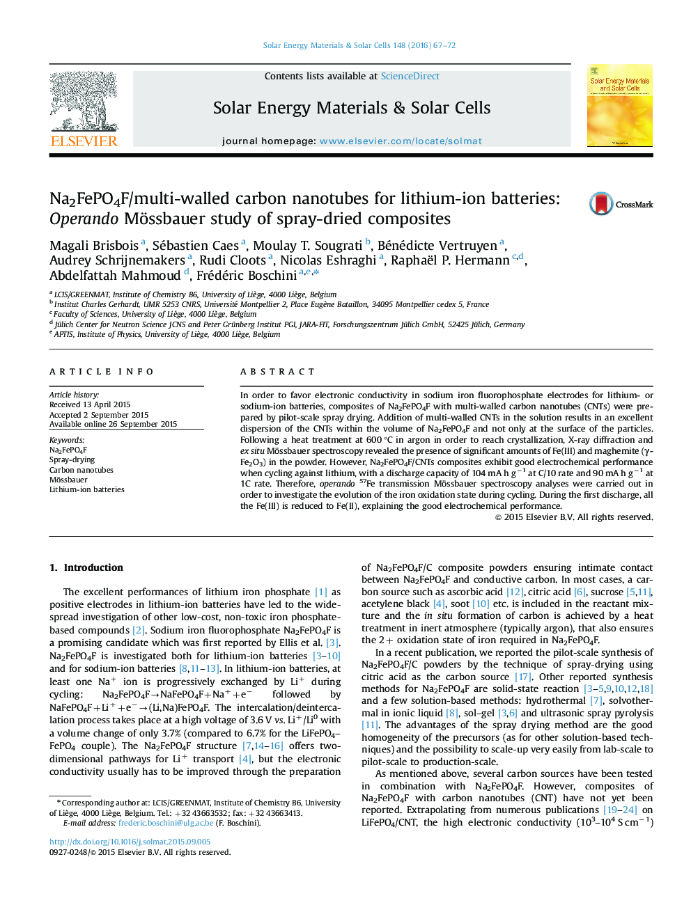 نانولوله های کربنی Na2FePO4F /چندجداره برای باتری های لیتیوم یون: مطالعه اپرانودو مسبوبور از ترکیبات خشک شده با اسپری