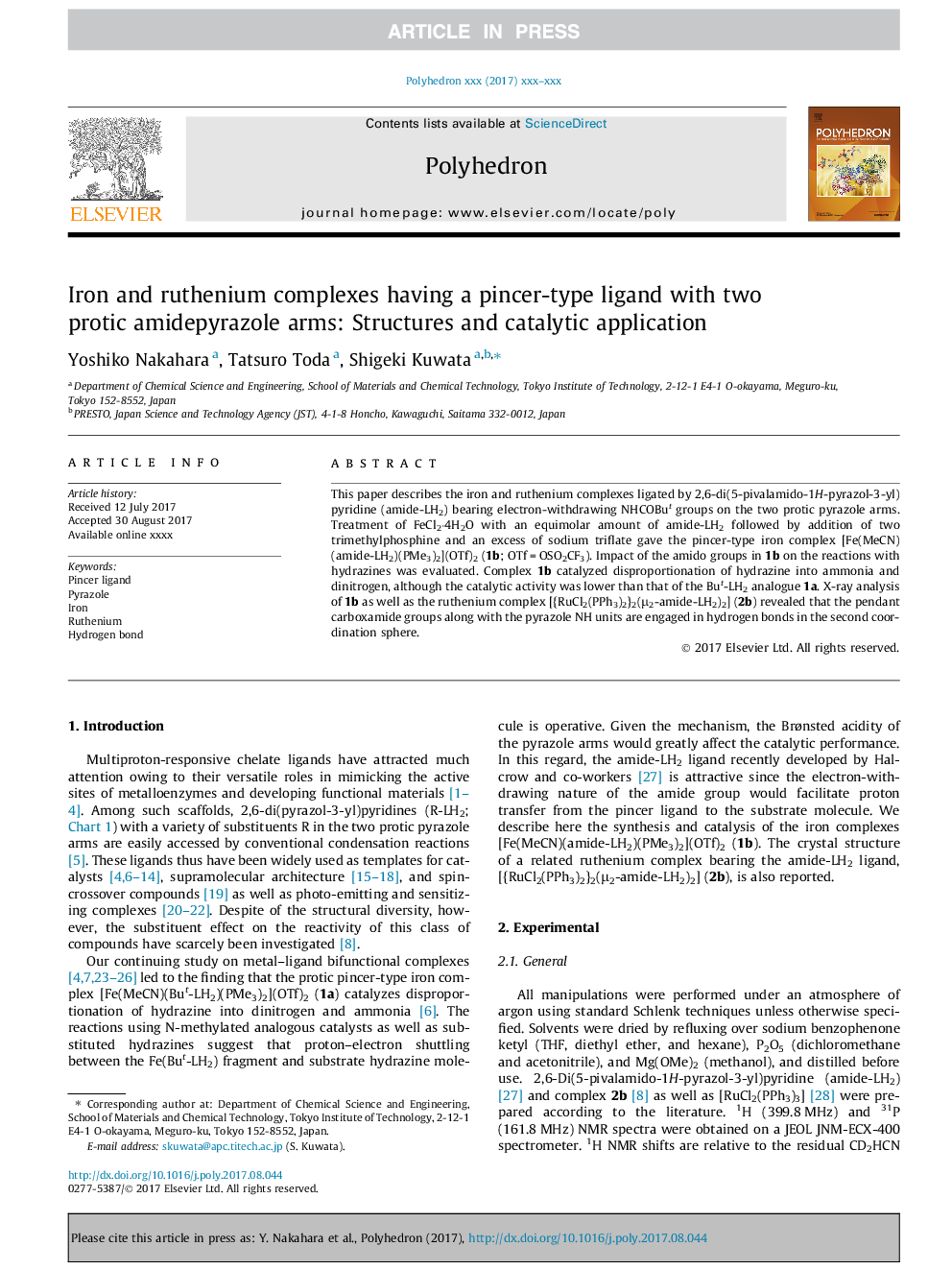 Iron and ruthenium complexes having a pincer-type ligand with two protic amidepyrazole arms: Structures and catalytic application