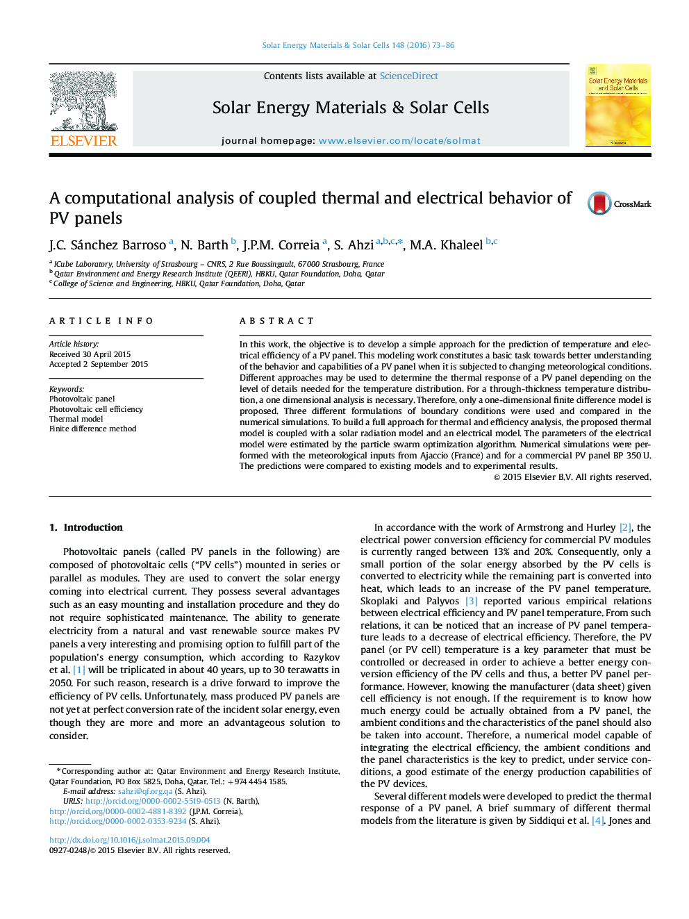 A computational analysis of coupled thermal and electrical behavior of PV panels