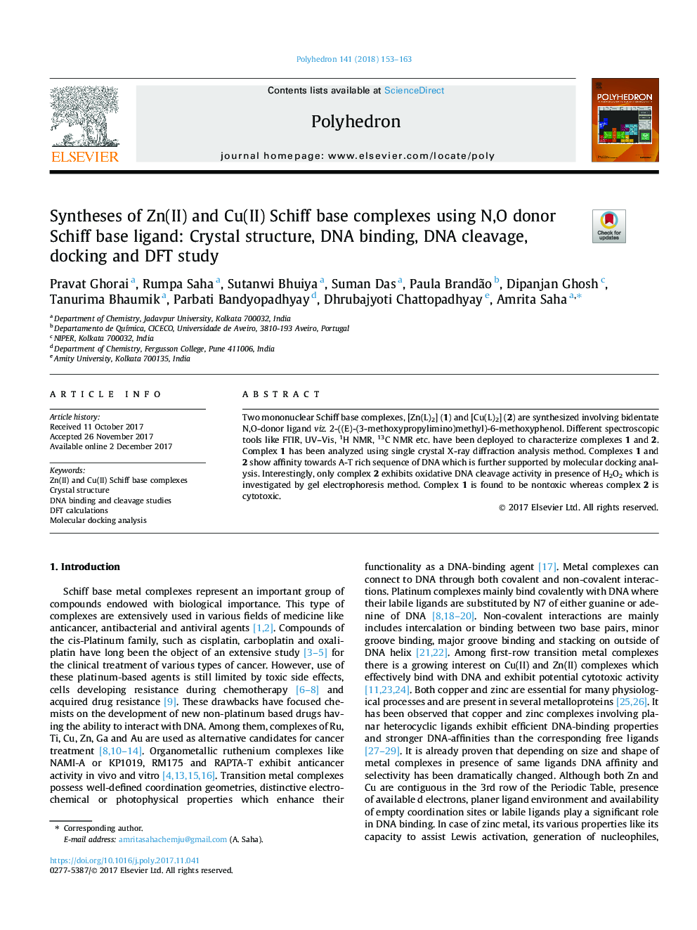 Syntheses of Zn(II) and Cu(II) Schiff base complexes using N,O donor Schiff base ligand: Crystal structure, DNA binding, DNA cleavage, docking and DFT study