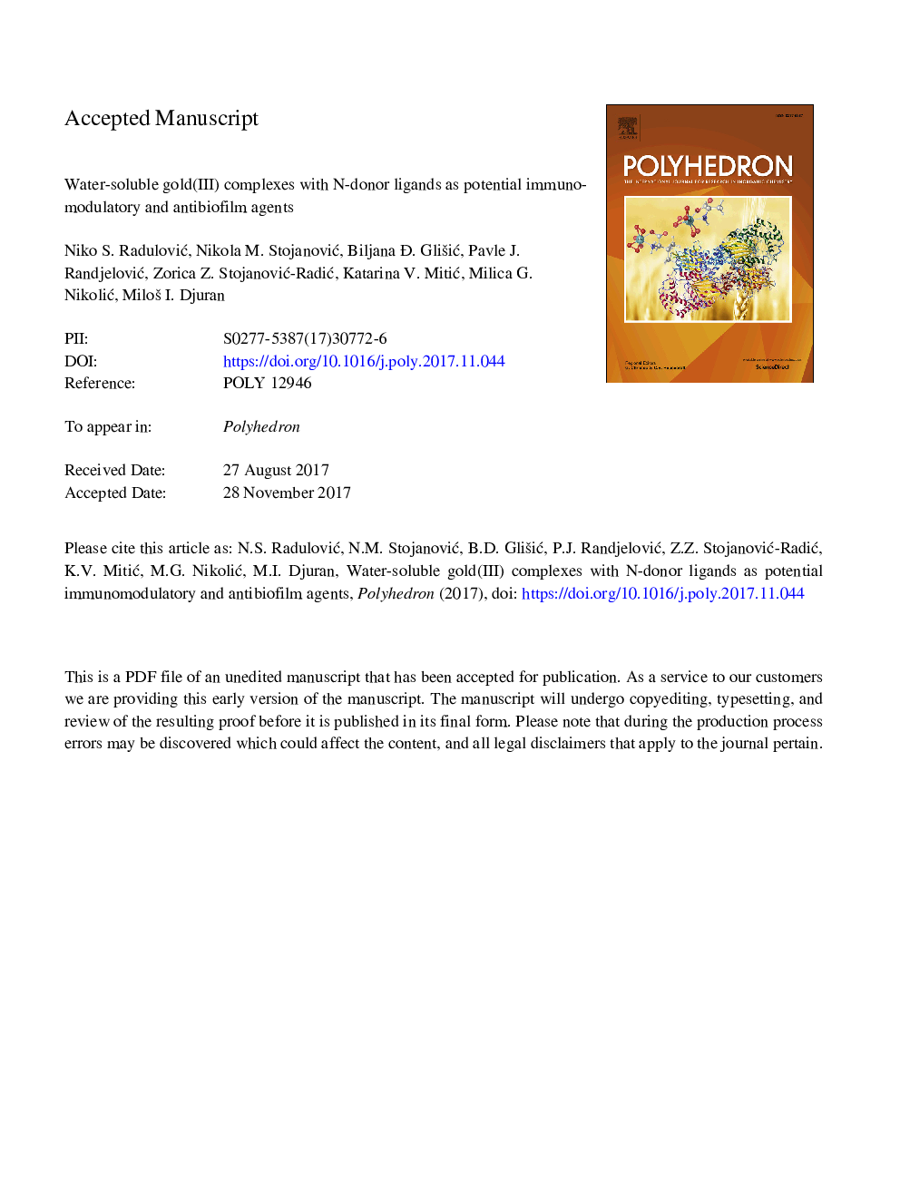 عکس صفحه اول مقاله: Water-soluble gold(III) complexes with N-donor ligands as potential immunomodulatory and antibiofilm agents Water-soluble gold(III) complexes with N-donor ligands as potential immunomodulatory and antibiofilm agents