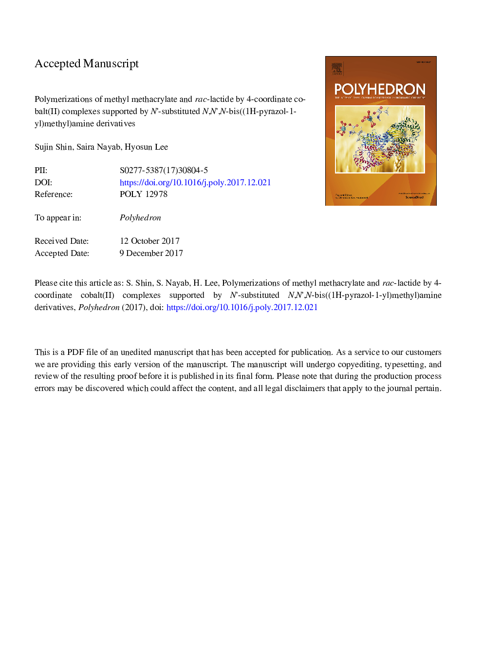 عکس صفحه اول مقاله: Polymerizations of methyl methacrylate and rac-lactide by 4-coordinate cobalt(II) complexes supported by Nâ²-substituted N,Nâ²,N-bis((1H-pyrazol-1-yl)methyl)amine derivatives Polymerizations of methyl methacrylate and rac-lactide by 4-coordinate cobalt(II) complexes supported by Nâ²-substituted N,Nâ²,N-bis((1H-pyrazol-1-yl)methyl)amine derivatives