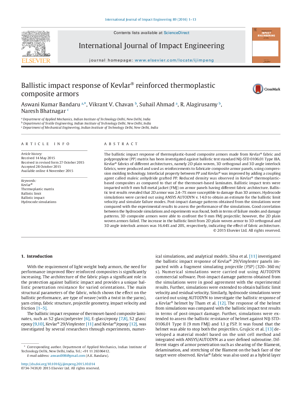 Ballistic impact response of Kevlar® reinforced thermoplastic composite armors