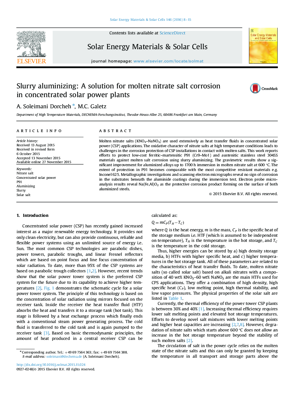 Slurry aluminizing: A solution for molten nitrate salt corrosion in concentrated solar power plants