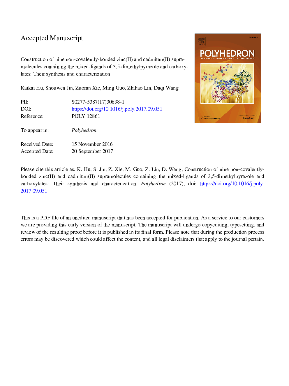عکس صفحه اول مقاله: Construction of nine non-covalently-bonded zinc(II) and cadmium(II) supramolecules containing the mixed-ligands of 3,5-dimethylpyrazole and carboxylates: Their synthesis and characterization Construction of nine non-covalently-bonded zinc(II) and cadmium(II) supramolecules containing the mixed-ligands of 3,5-dimethylpyrazole and carboxylates: Their synthesis and characterization