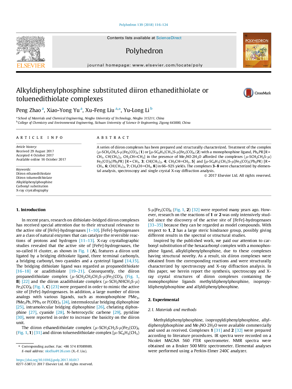 Alkyldiphenylphosphine substituted diiron ethanedithiolate or toluenedithiolate complexes