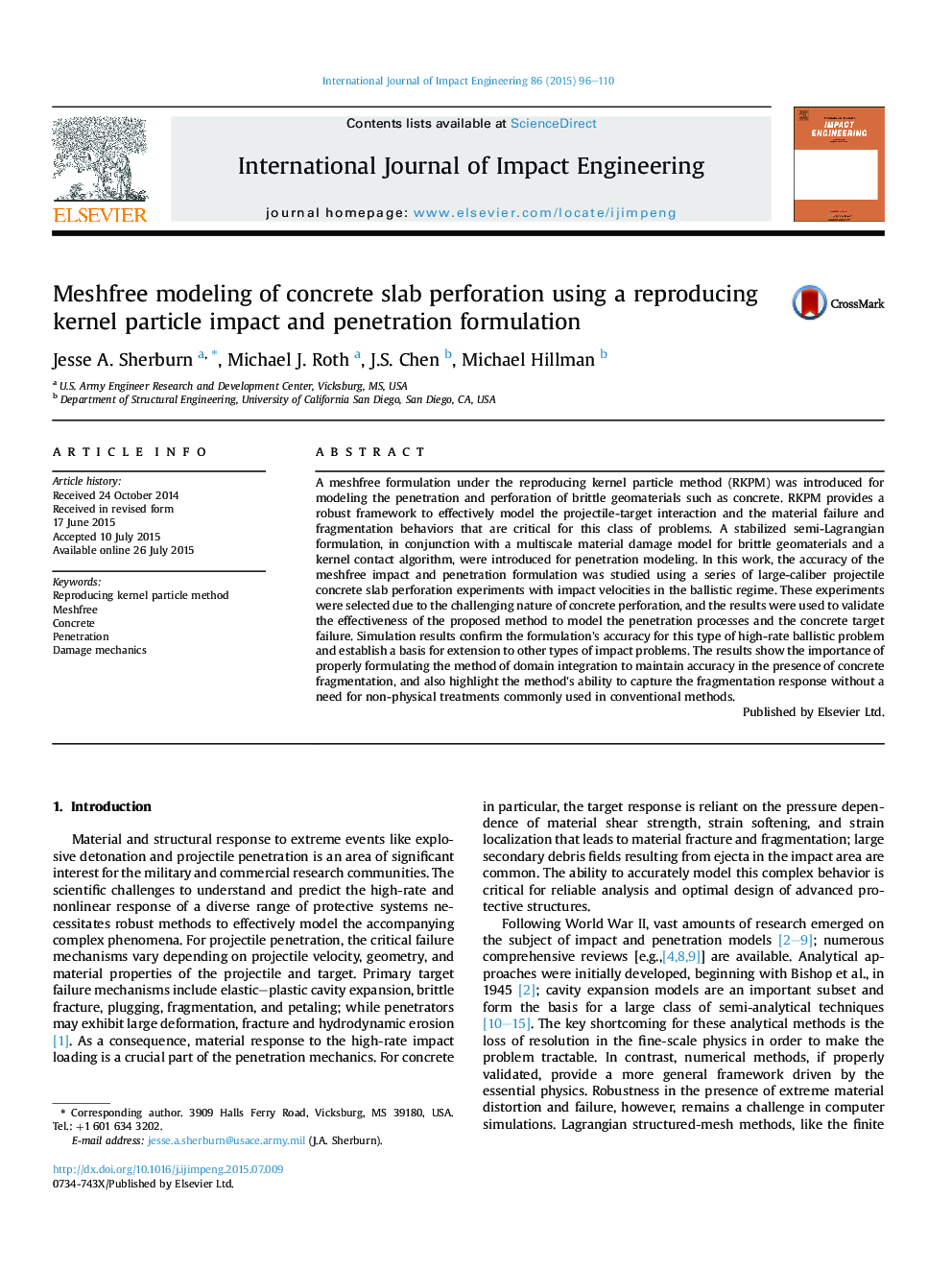 Meshfree modeling of concrete slab perforation using a reproducing kernel particle impact and penetration formulation