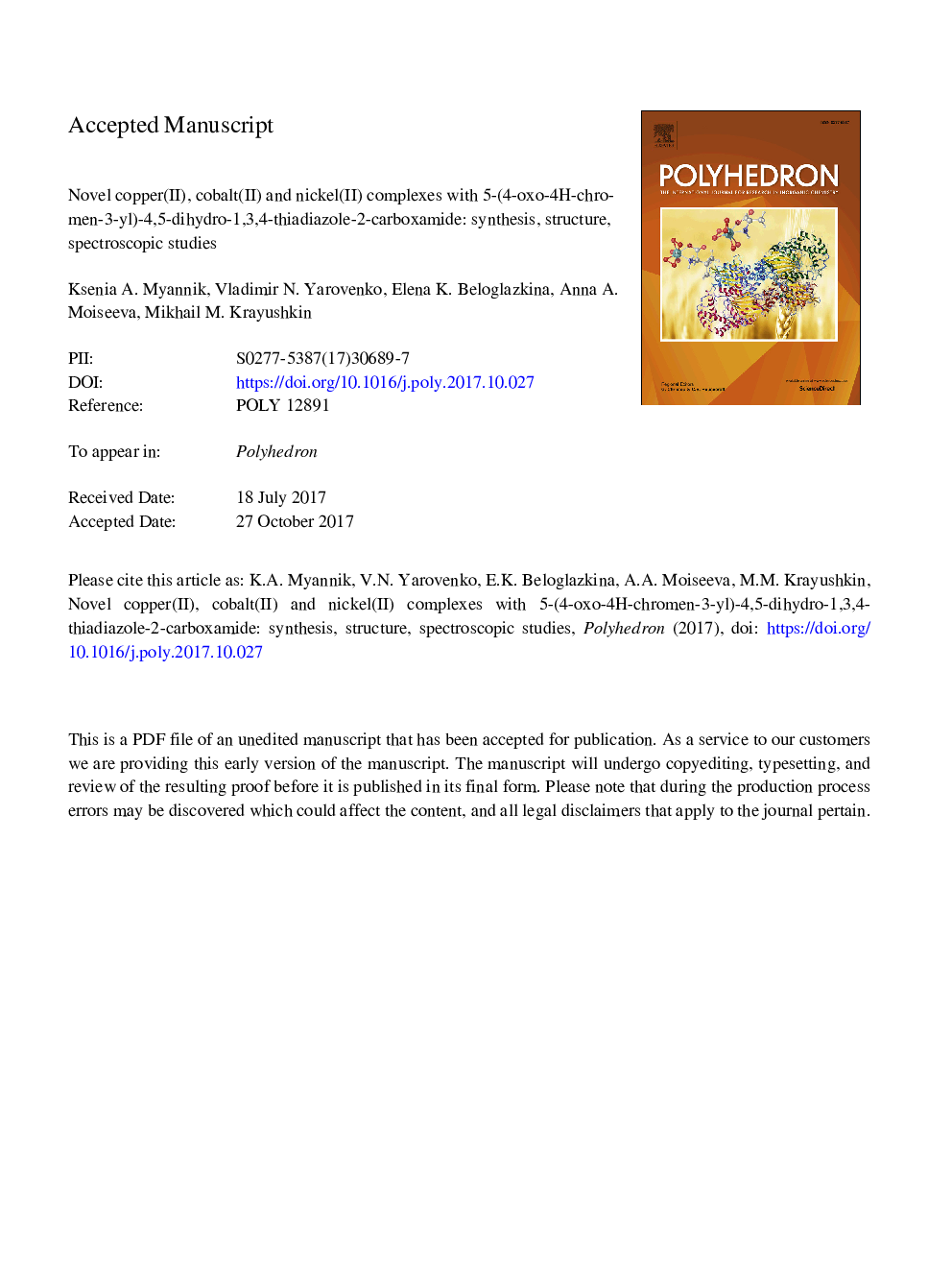 Novel copper(II), cobalt(II) and nickel(II) complexes with 5-(4-oxo-4H-chromen-3-yl)-4,5-dihydro-1,3,4-thiadiazole-2-carboxamide: Synthesis, structure, spectroscopic studies