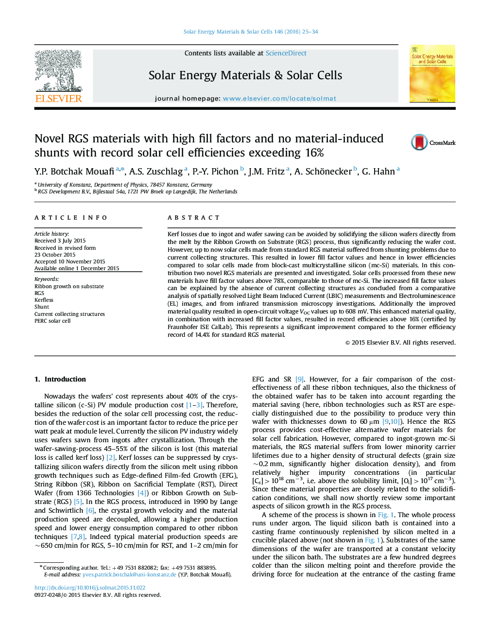 Novel RGS materials with high fill factors and no material-induced shunts with record solar cell efficiencies exceeding 16%