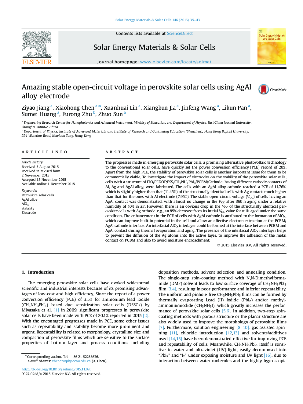 Amazing stable open-circuit voltage in perovskite solar cells using AgAl alloy electrode