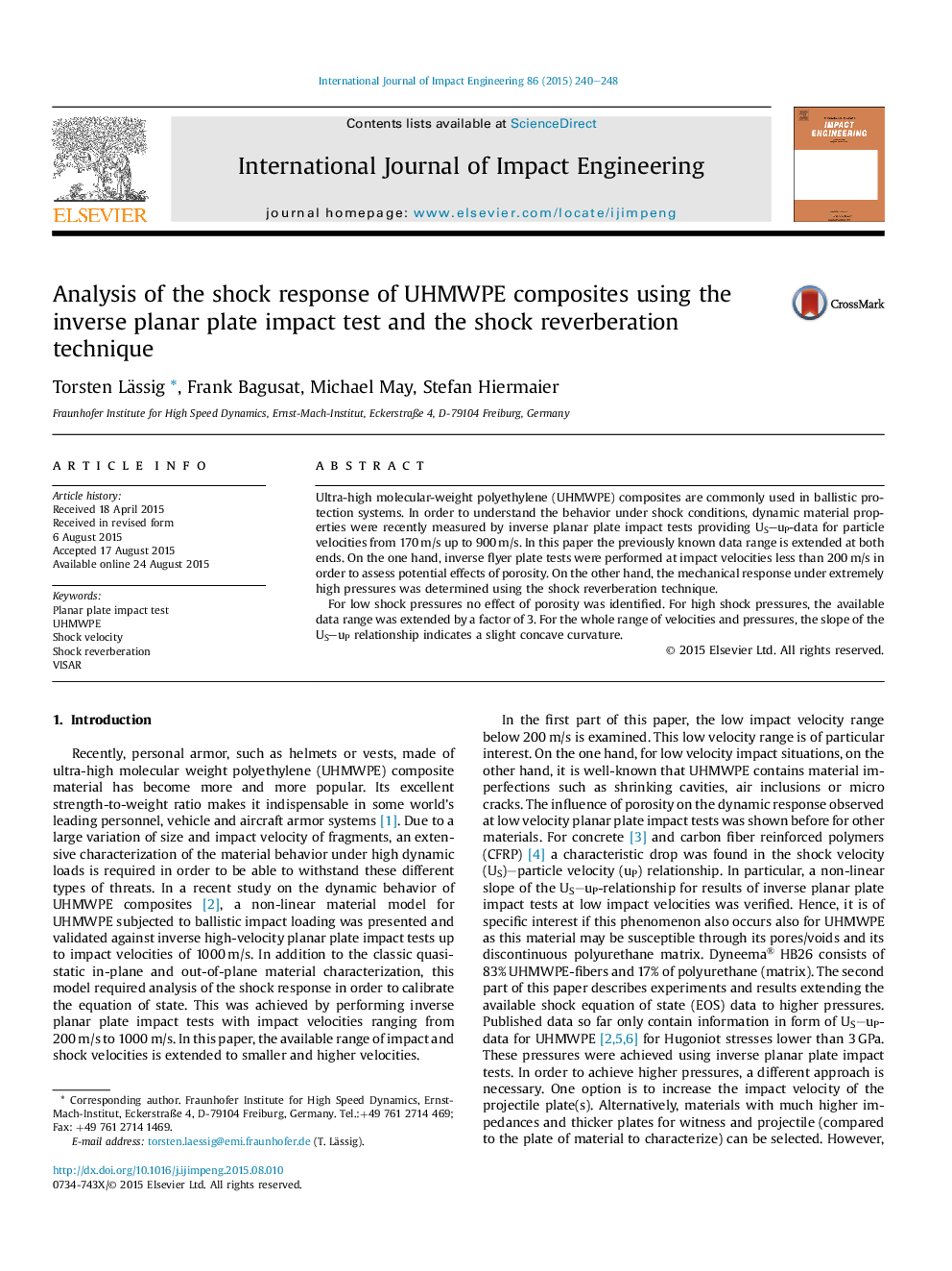 Analysis of the shock response of UHMWPE composites using the inverse planar plate impact test and the shock reverberation technique