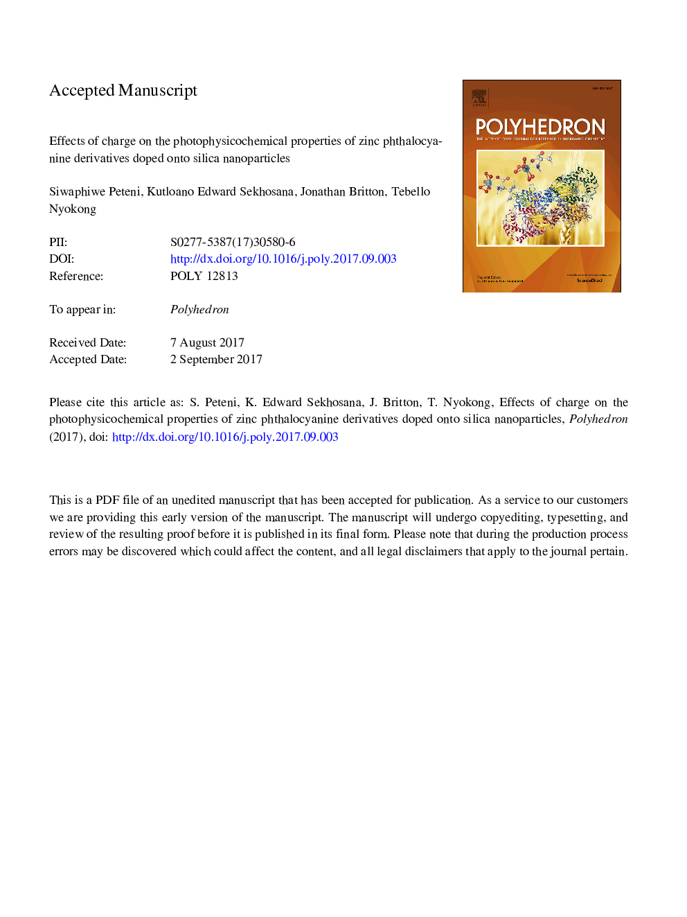 Effects of charge on the photophysicochemical properties of zinc phthalocyanine derivatives doped onto silica nanoparticles