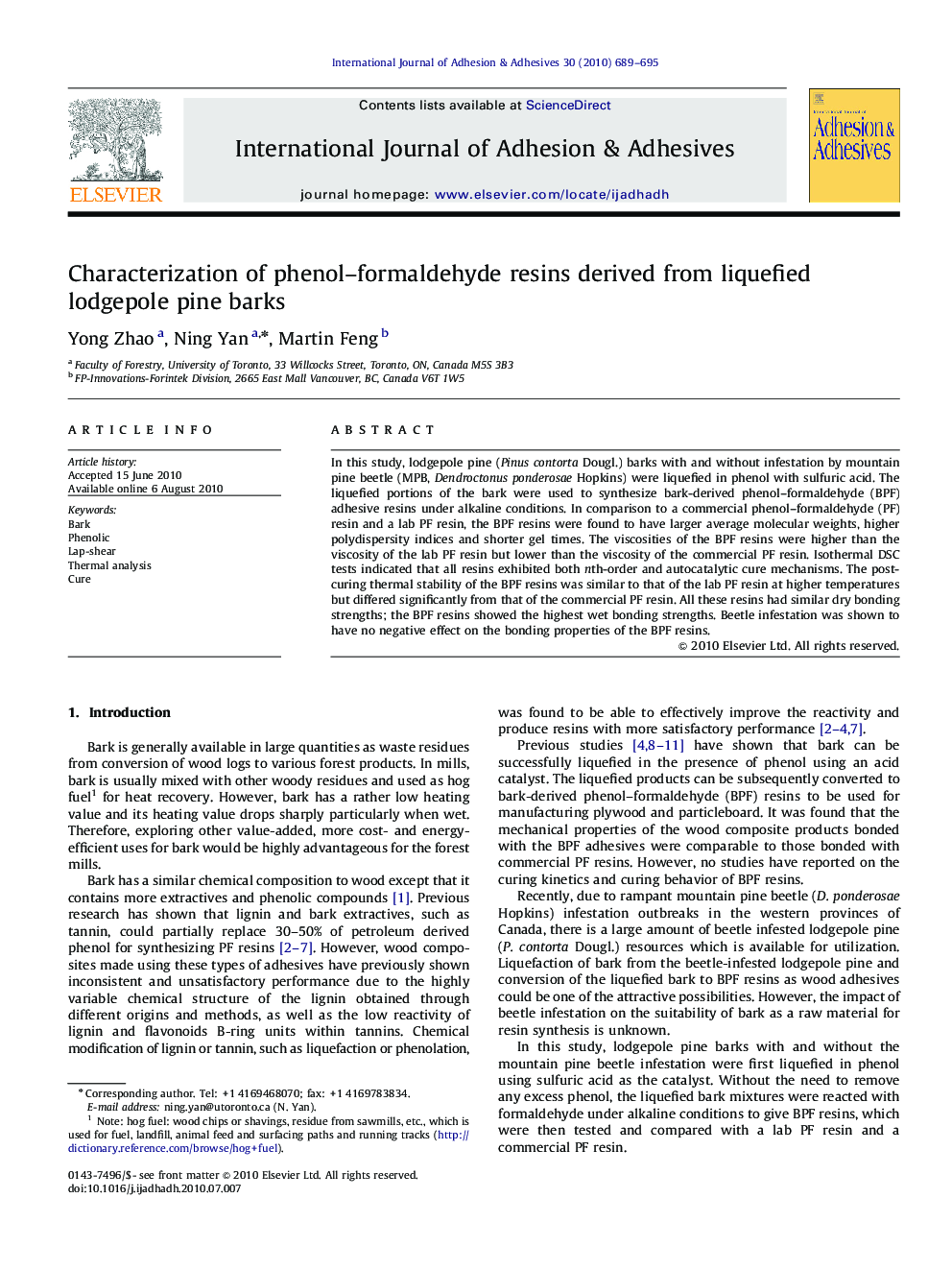 Characterization of phenol–formaldehyde resins derived from liquefied lodgepole pine barks