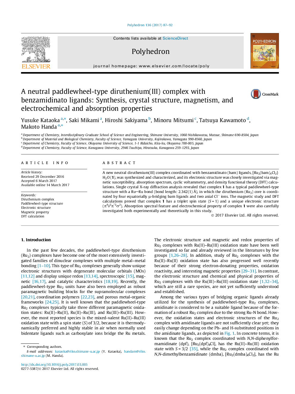 A neutral paddlewheel-type diruthenium(III) complex with benzamidinato ligands: Synthesis, crystal structure, magnetism, and electrochemical and absorption properties