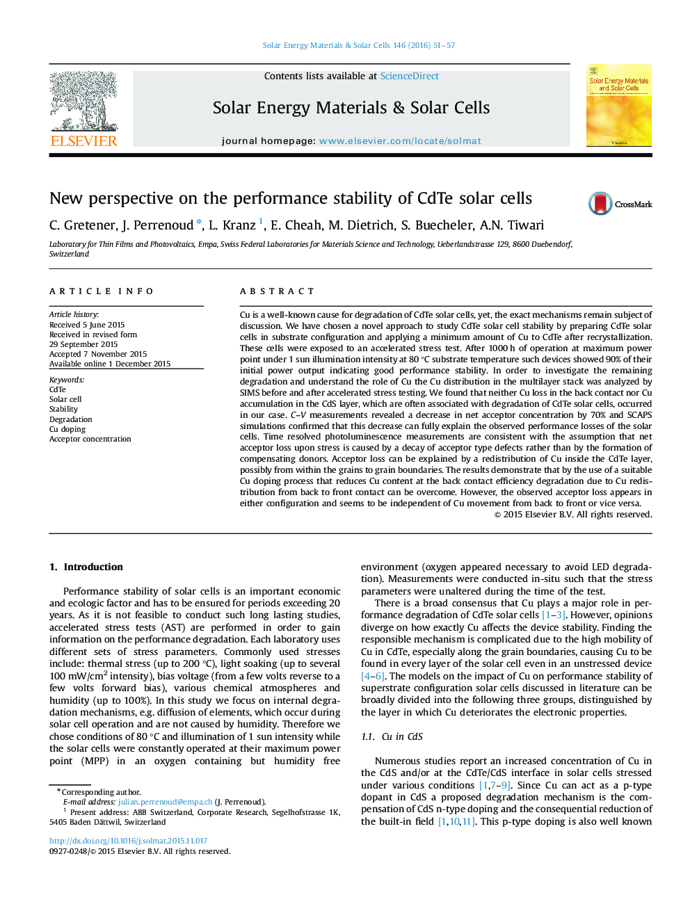 New perspective on the performance stability of CdTe solar cells