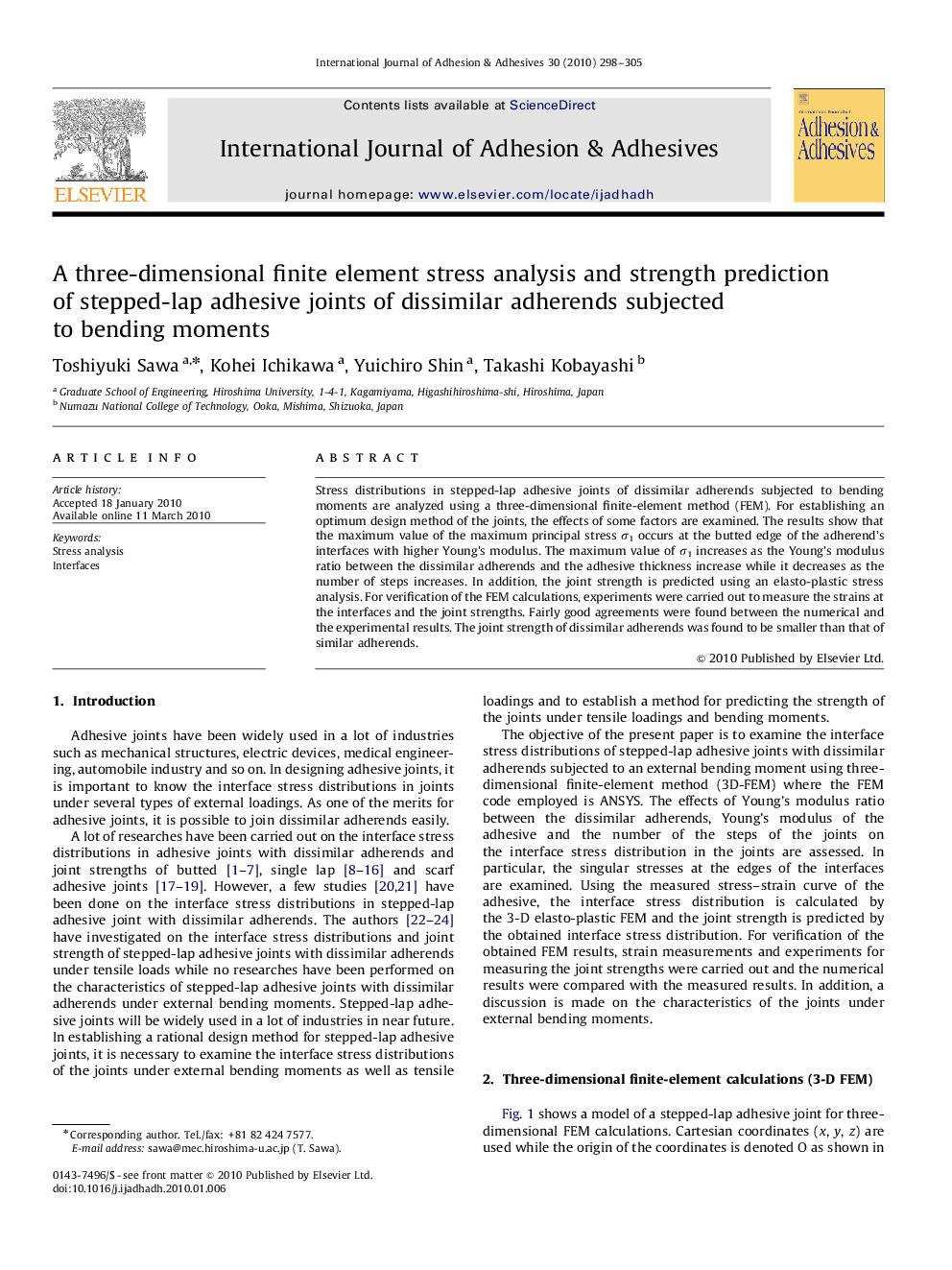 عکس صفحه اول مقاله: A three-dimensional finite element stress analysis and strength prediction of stepped-lap adhesive joints of dissimilar adherends subjected to bending moments A three-dimensional finite element stress analysis and strength prediction of stepped-lap adhesive joints of dissimilar adherends subjected to bending moments