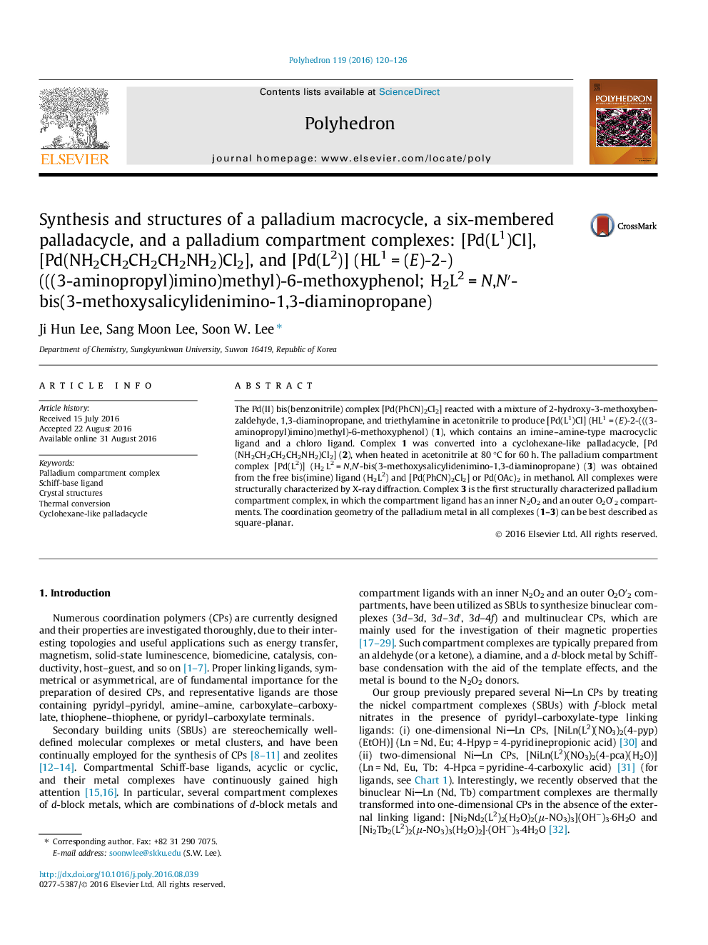 Synthesis and structures of a palladium macrocycle, a six-membered palladacycle, and a palladium compartment complexes: [Pd(L1)Cl], [Pd(NH2CH2CH2CH2NH2)Cl2], and [Pd(L2)] (HL1Â =Â (E)-2-)(((3-aminopropyl)imino)methyl)-6-methoxyphenol; H2L2Â =Â N,Nâ²-bis(