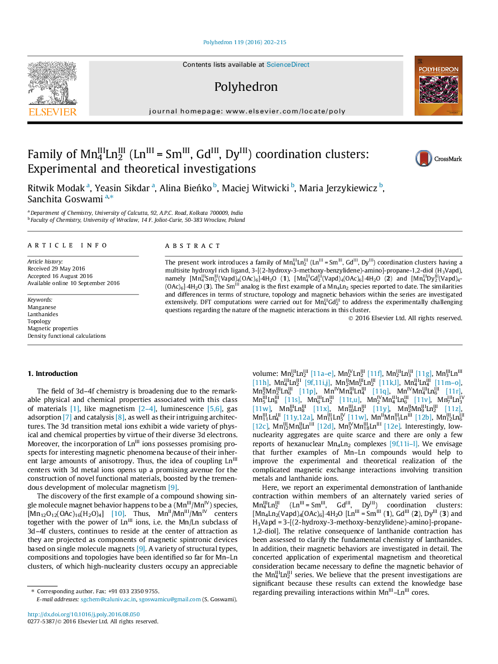 Family of MnIII4LnIII2 (LnIIIÂ =Â SmIII, GdIII, DyIII) coordination clusters: Experimental and theoretical investigations