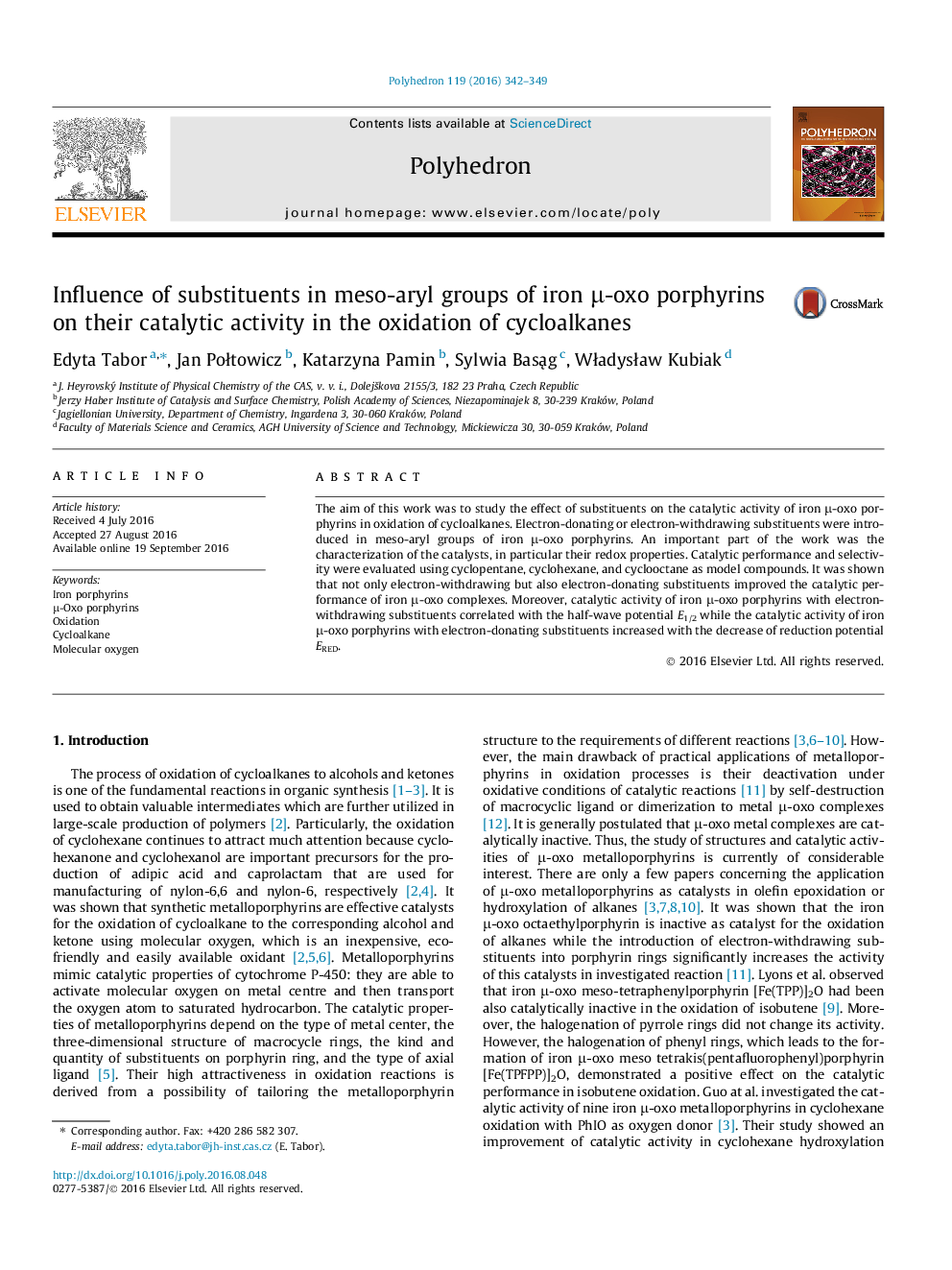 Influence of substituents in meso-aryl groups of iron Î¼-oxo porphyrins on their catalytic activity in the oxidation of cycloalkanes