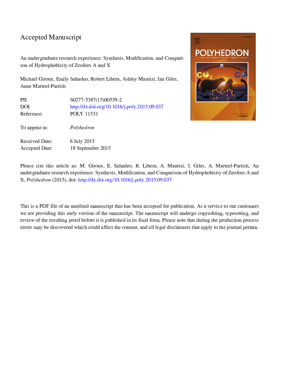 An undergraduate research experience: Synthesis, modification, and comparison of hydrophobicity of zeolites A and X