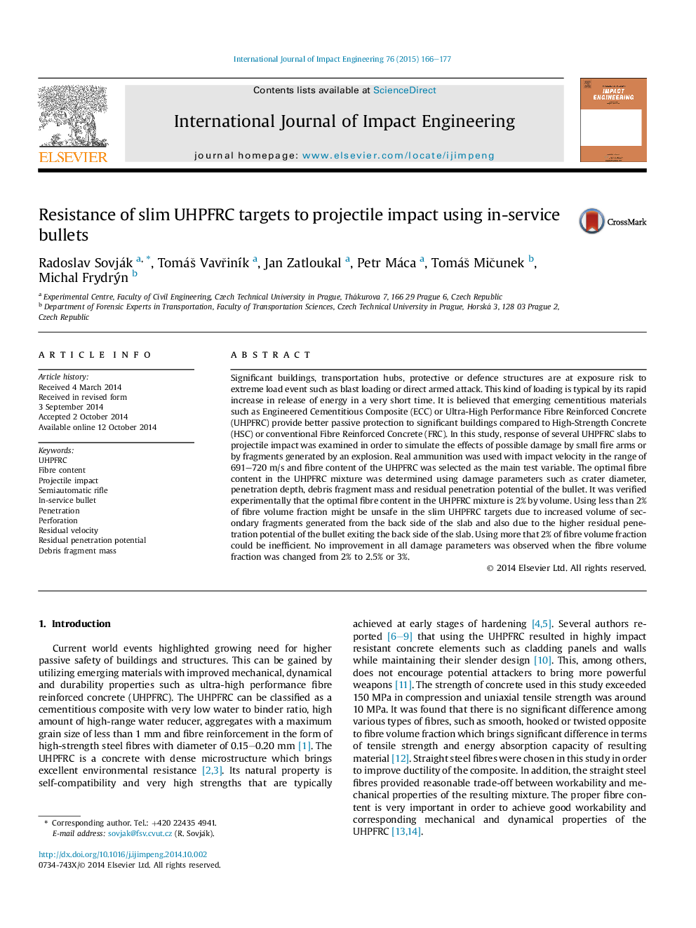 Resistance of slim UHPFRC targets to projectile impact using in-service bullets