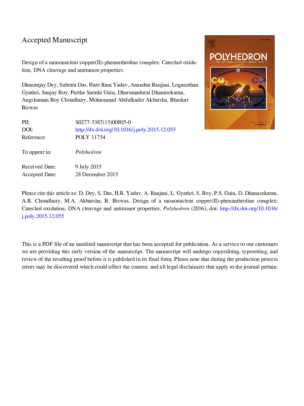 عکس صفحه اول مقاله: Design of a mononuclear copper(II)-phenanthroline complex: Catechol oxidation, DNA cleavage and antitumor properties Design of a mononuclear copper(II)-phenanthroline complex: Catechol oxidation, DNA cleavage and antitumor properties