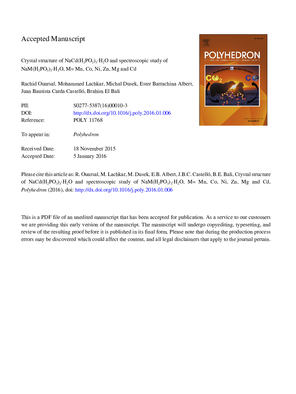 Crystal structure of NaCd(H2PO3)3Â·H2O and spectroscopic study of NaM(H2PO3)3Â·H2O, MÂ =Â Mn, Co, Ni, Zn, Mg and Cd