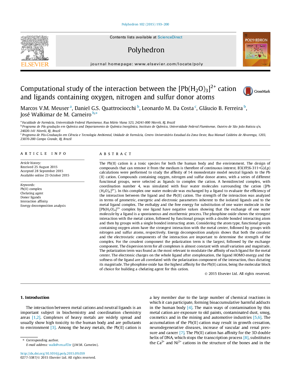 Computational study of the interaction between the [Pb(H2O)3]2+ cation and ligands containing oxygen, nitrogen and sulfur donor atoms