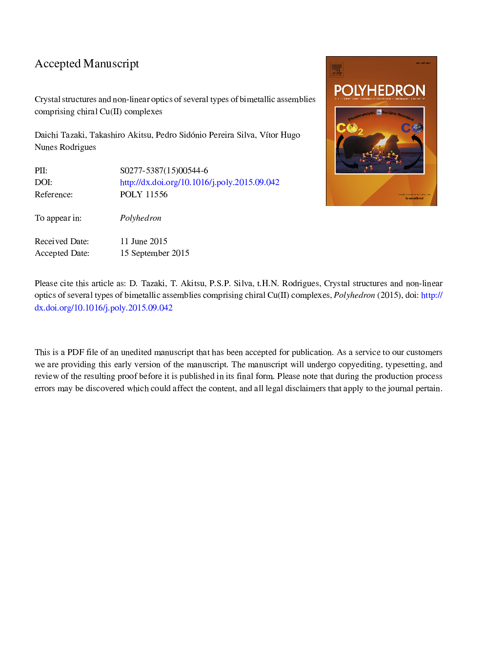 عکس صفحه اول مقاله: Crystal structures and non-linear optics of several types of bimetallic assemblies comprising chiral Cu(II) complexes Crystal structures and non-linear optics of several types of bimetallic assemblies comprising chiral Cu(II) complexes