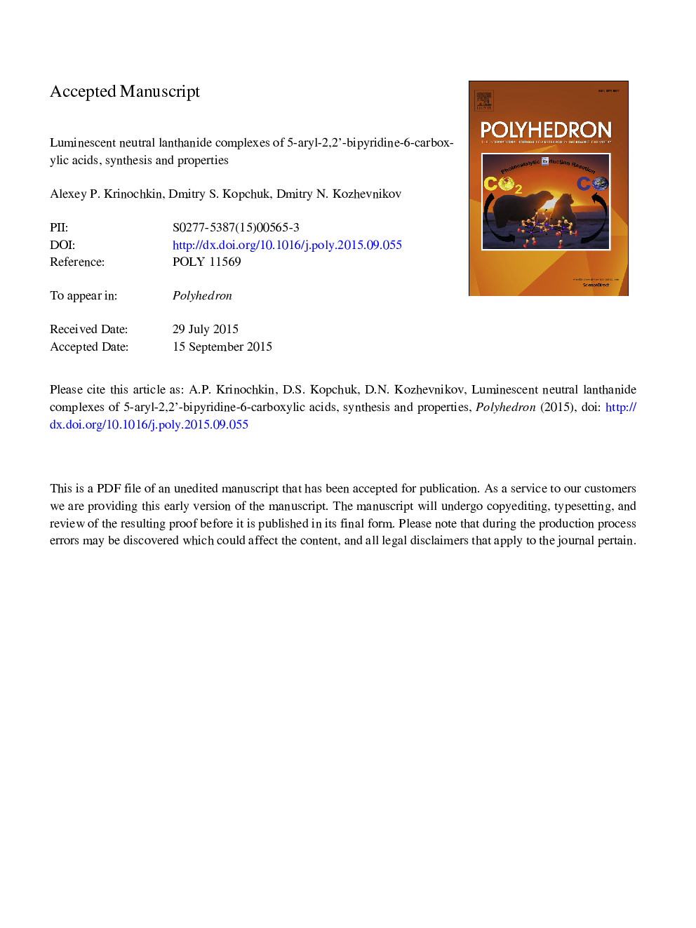 Luminescent neutral lanthanide complexes of 5-aryl-2,2â²-bipyridine-6-carboxylic acids, synthesis and properties